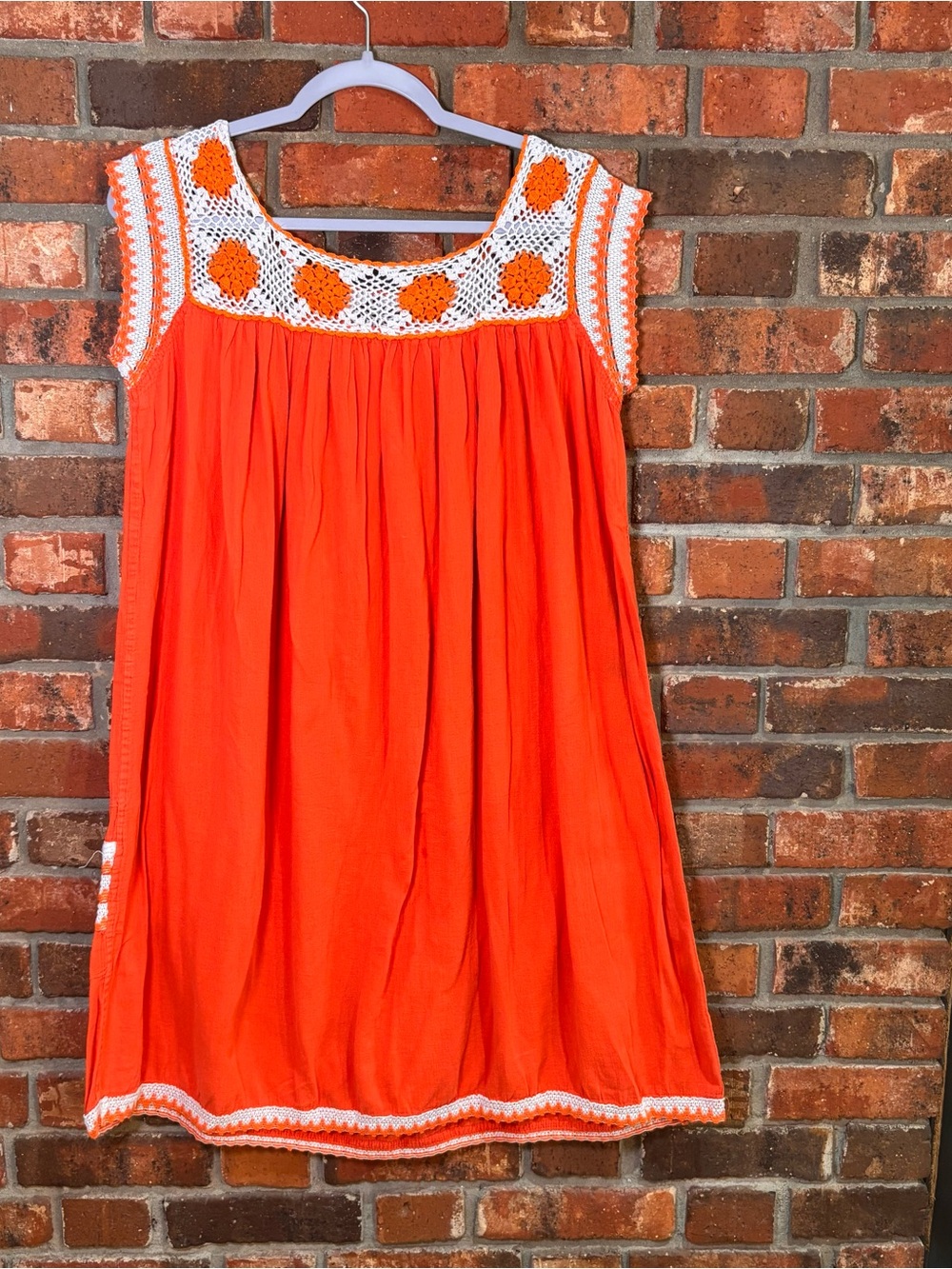 Womens 70’s mexican Huipil boho crochet babydoll dress orange L - Picture 4 of 4